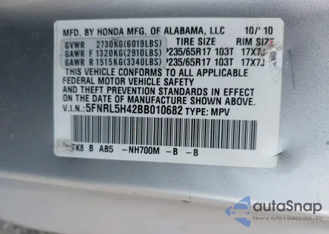 2011 Honda Odyssey Ex from USA, damaged, VIN 5FNRL5H42BB010682
